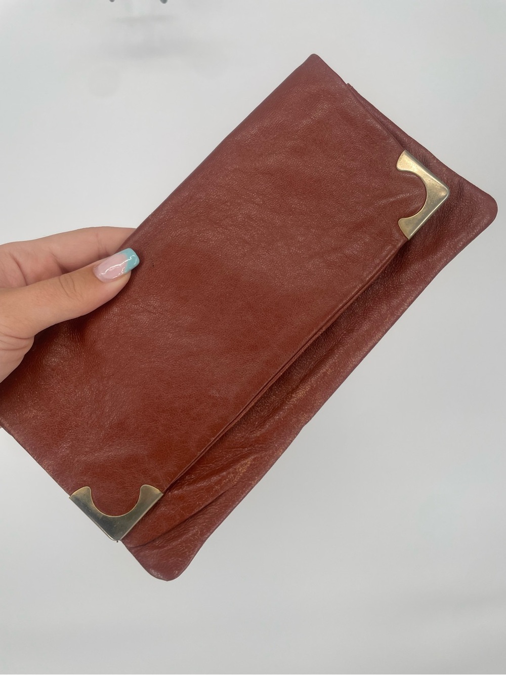 Vintage Italian Made Auburn Brown Leather Envelope Flap Pouch Clutch Gold Detail